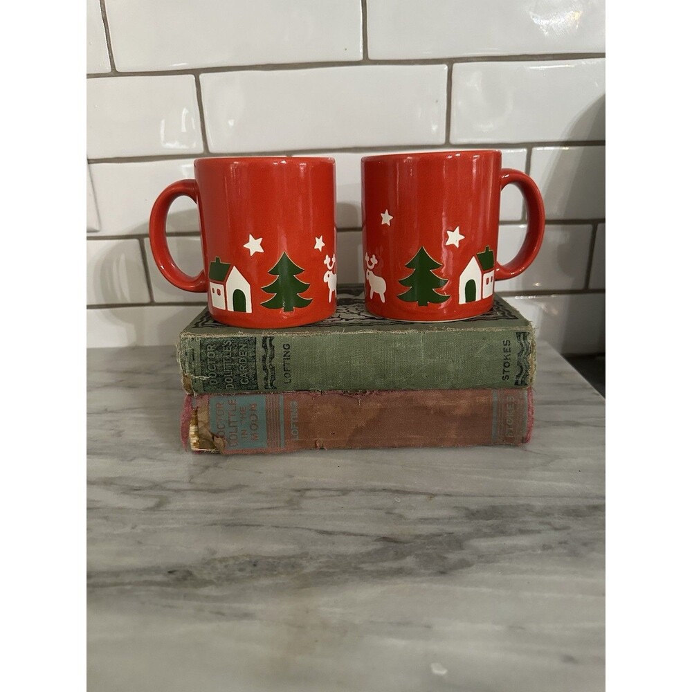 2 Rare Pattern Waechtersbach Germany Christmas Tree House Reindeer Mug